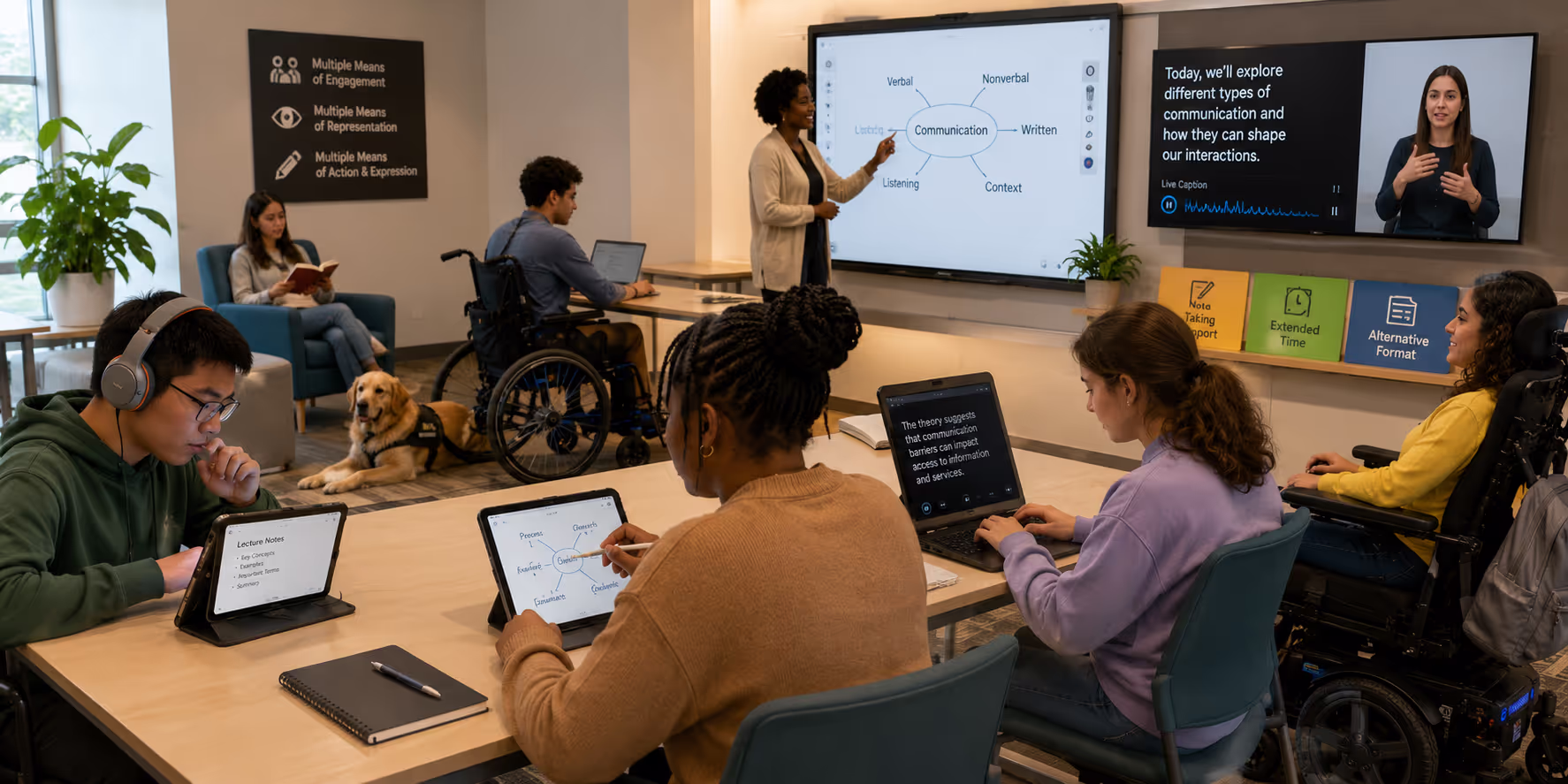 Universal Design for Learning in Accessible Higher Education Classroom Diverse students in accessible classroom using multiple learning modalities and disability services support systems