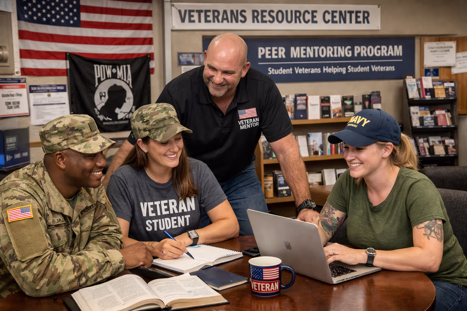 Veteran students collaborating on campus with veteran student support resources and peer mentoring
