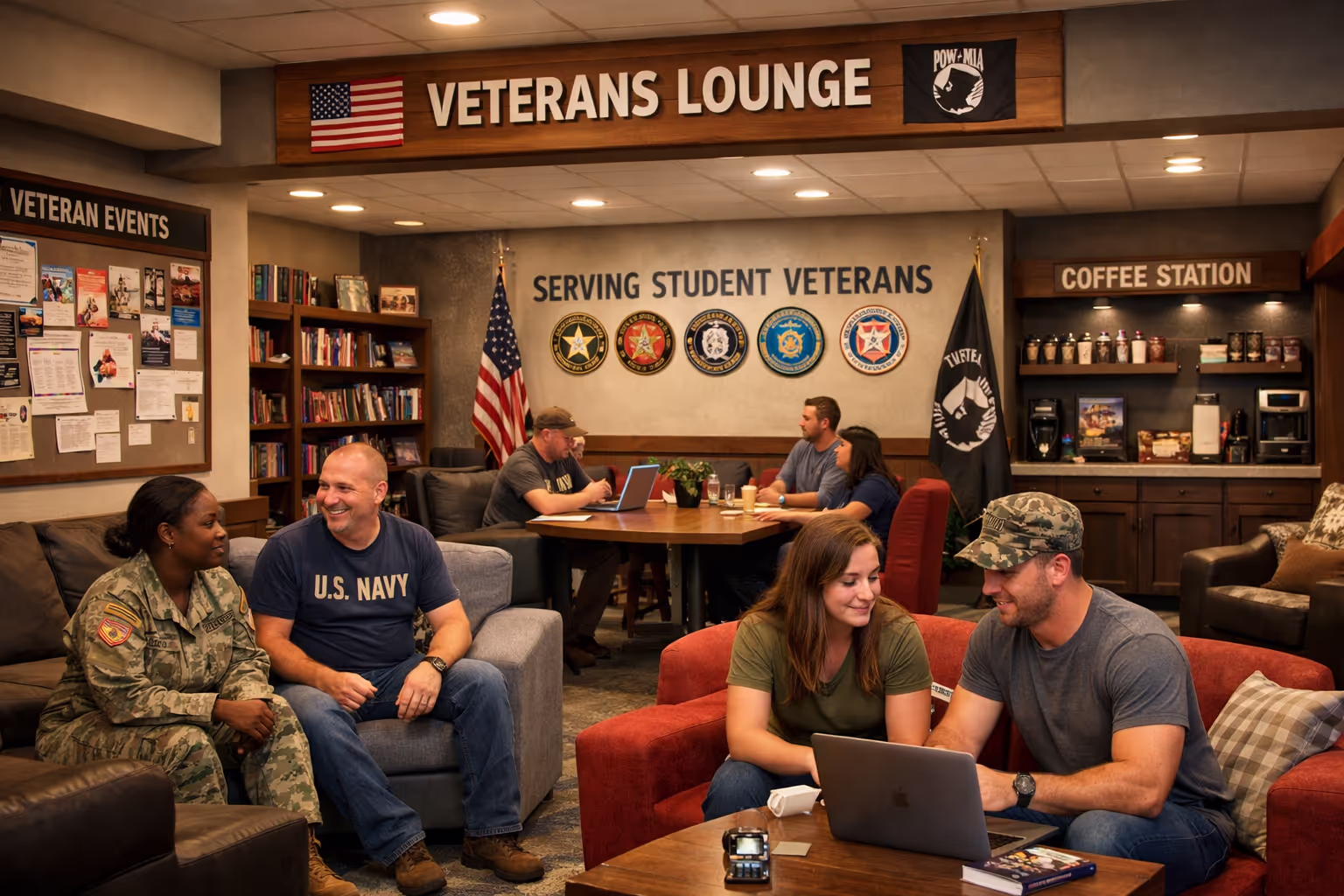 Veteran Student Support Through Campus Community and Resource Centers Veterans lounge providing veteran student support through dedicated community space on campus