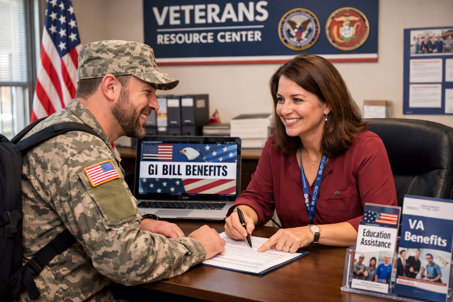 Veteran Student Support for GI Bill Benefits and VA Resources Veteran student receiving support navigating GI Bill benefits and VA resources at campus office