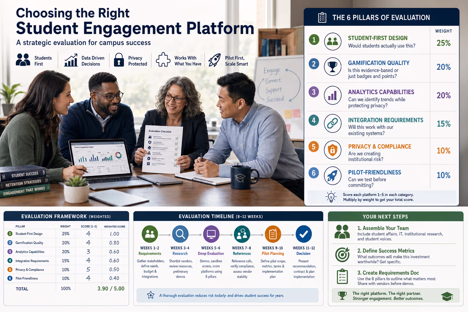 Campus leaders evaluating student engagement platform options with evaluation checklist framework
