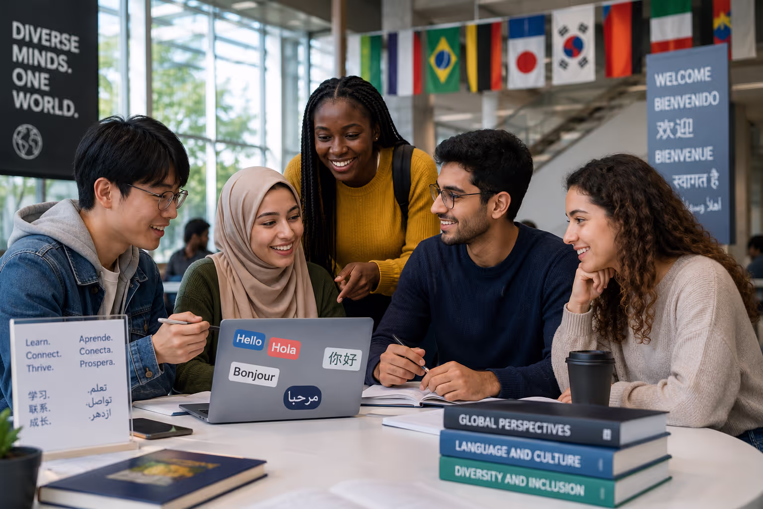 Diverse group of multilingual students in higher education collaborating together on campus