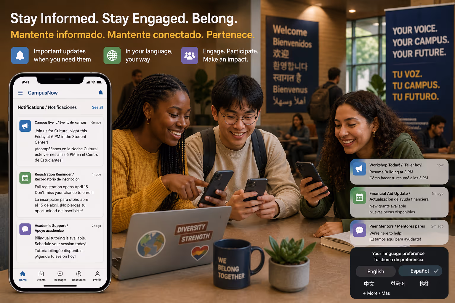 Student engagement technology delivering bilingual notifications to multilingual students in higher education