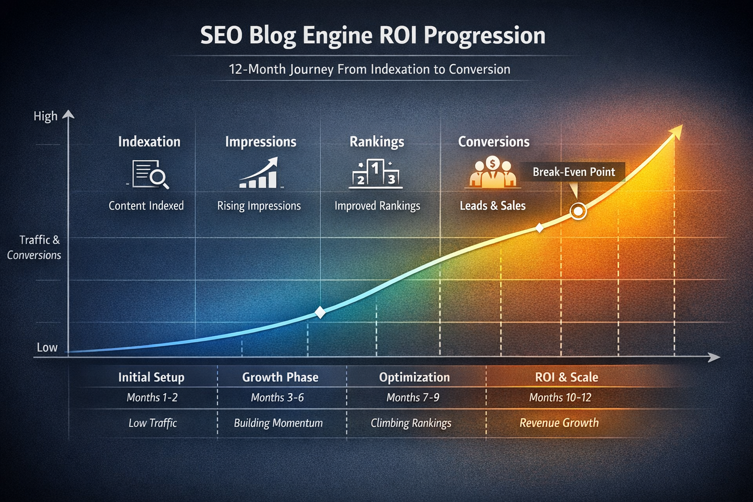 Content Subscription ROI Timeline Showing Compounding Traffic Growth Timeline chart showing SEO blog engine ROI progression from indexation through conversion over 12 months