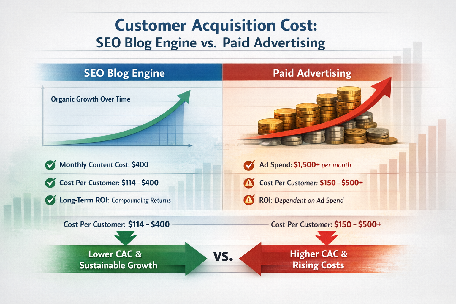 Customer Acquisition Cost Comparison Between SEO Content and Paid Advertising Comparison chart of customer acquisition cost showing SEO blog engine ROI versus paid advertising costs