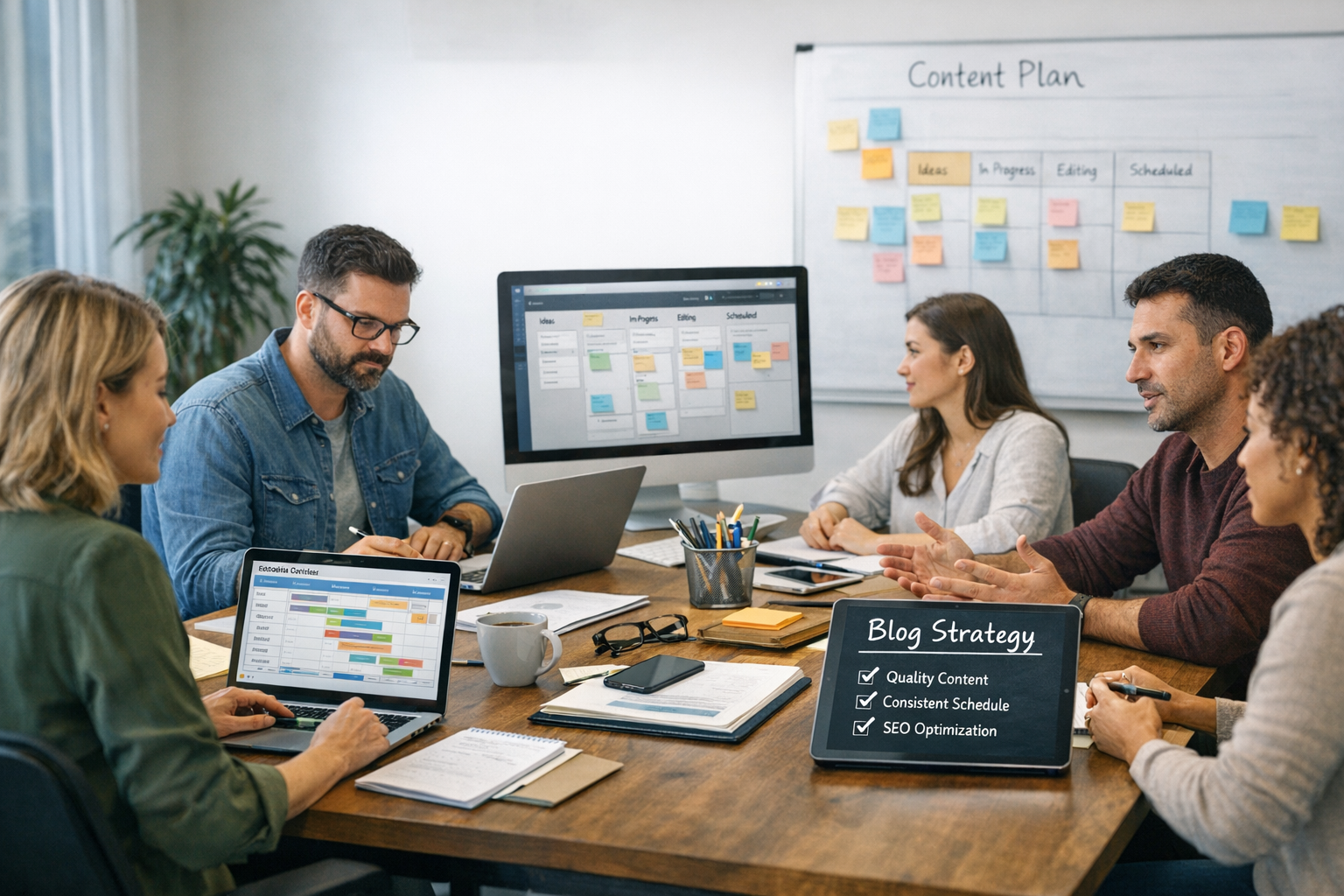 B2B Content Publishing Infrastructure and Team Workflow B2B marketing team managing consistent blog publishing with content management tools