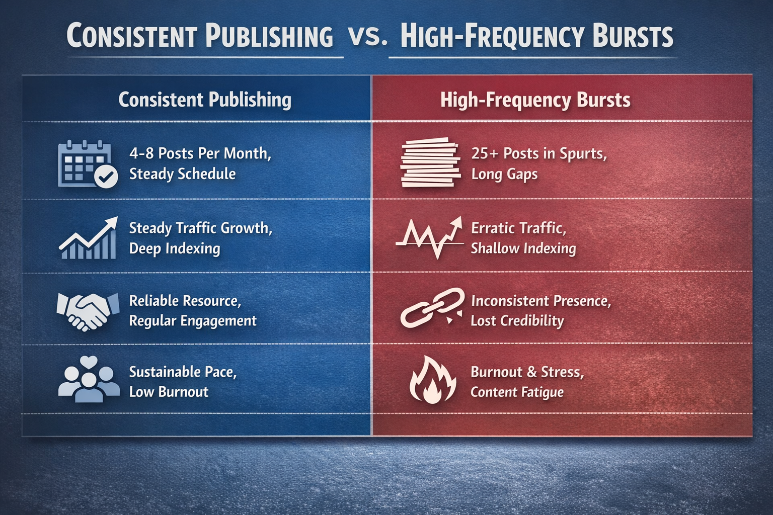 Blog Consistency vs Frequency Performance Comparison Chart comparing consistent blog publishing results versus high-frequency burst publishing