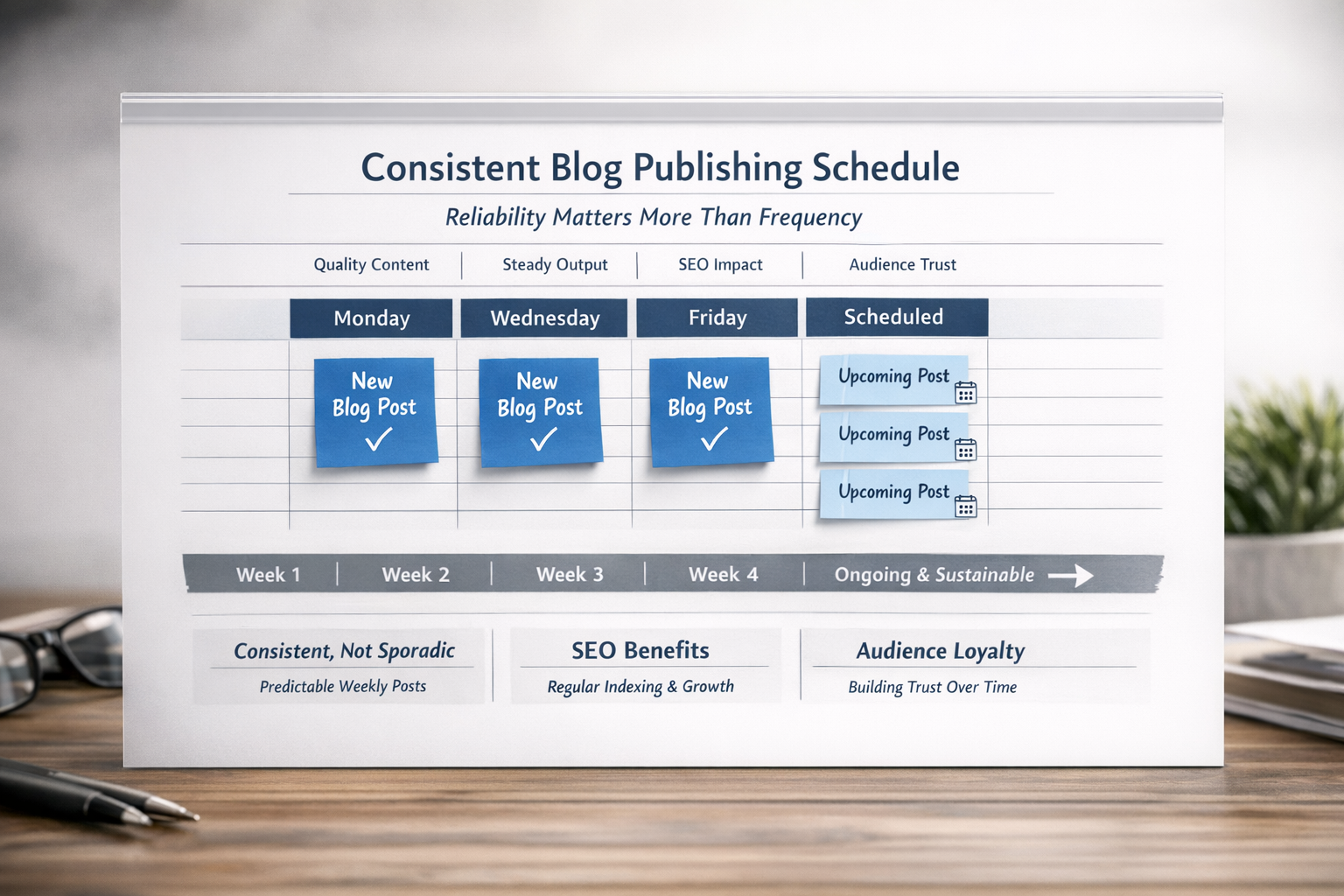 Consistent Blog Publishing Calendar and Editorial Workflow System Editorial calendar showing consistent blog publishing schedule with weekly content posts