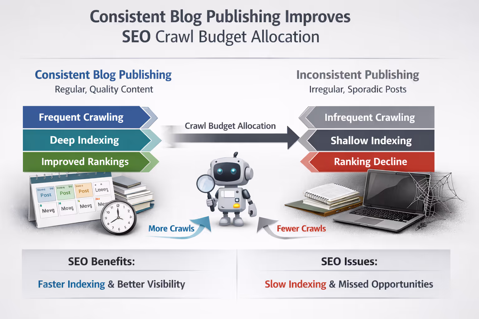 SEO Crawl Budget Benefits of Consistent Blog Publishing Diagram showing how consistent blog publishing improves SEO crawl budget allocation