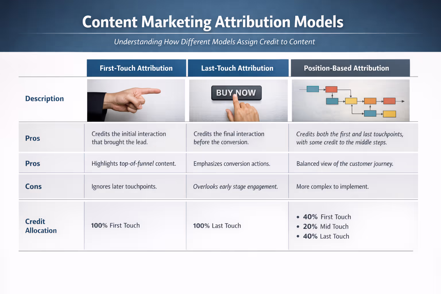Content Marketing Attribution Models: First-Touch, Last-Touch, and Multi-Touch Comparison chart of content marketing attribution models including first-touch, last-touch, and position-based attribution