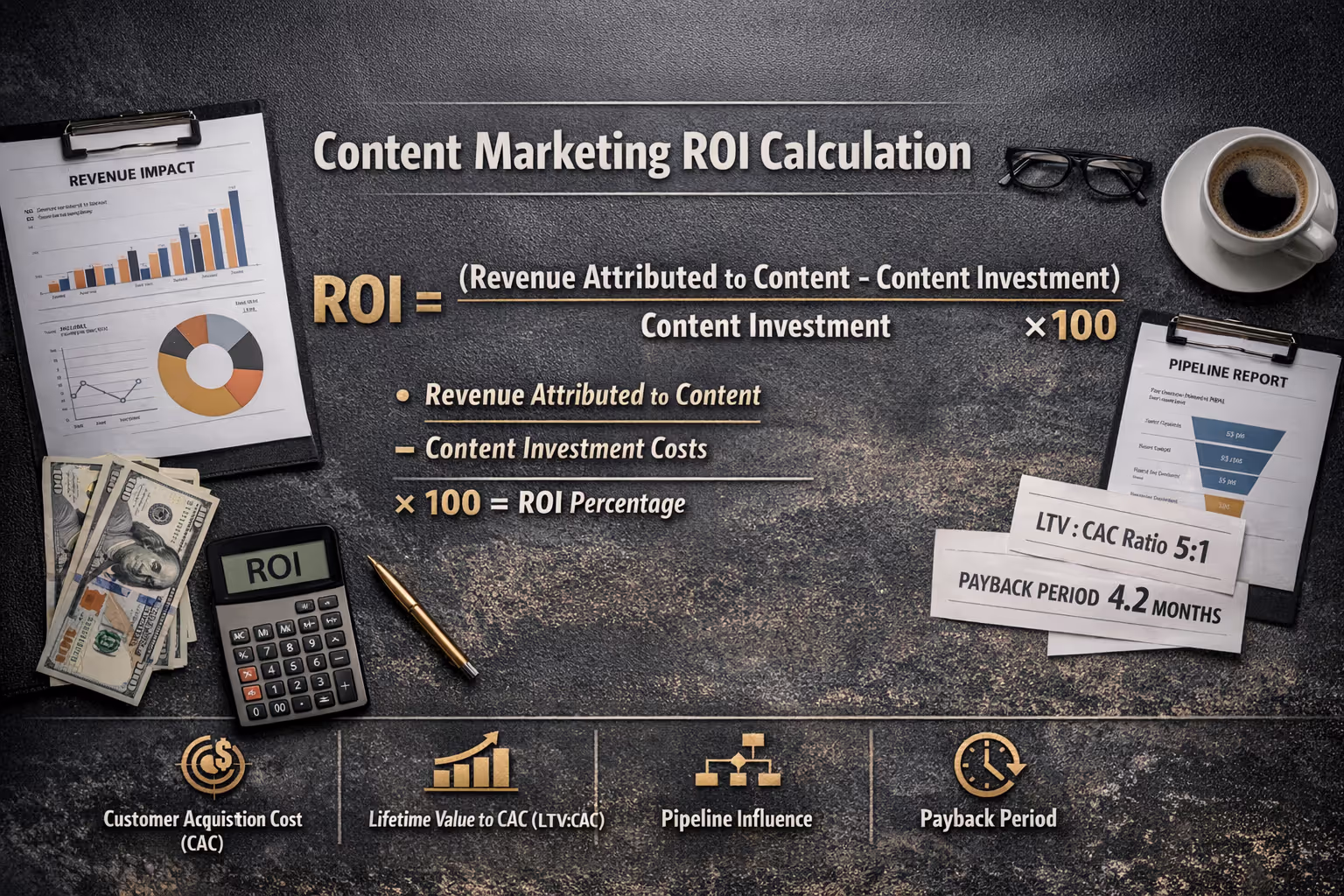 Content Marketing ROI Calculation Formula for Executive Reporting Content marketing ROI formula showing revenue attributed to content minus investment divided by investment