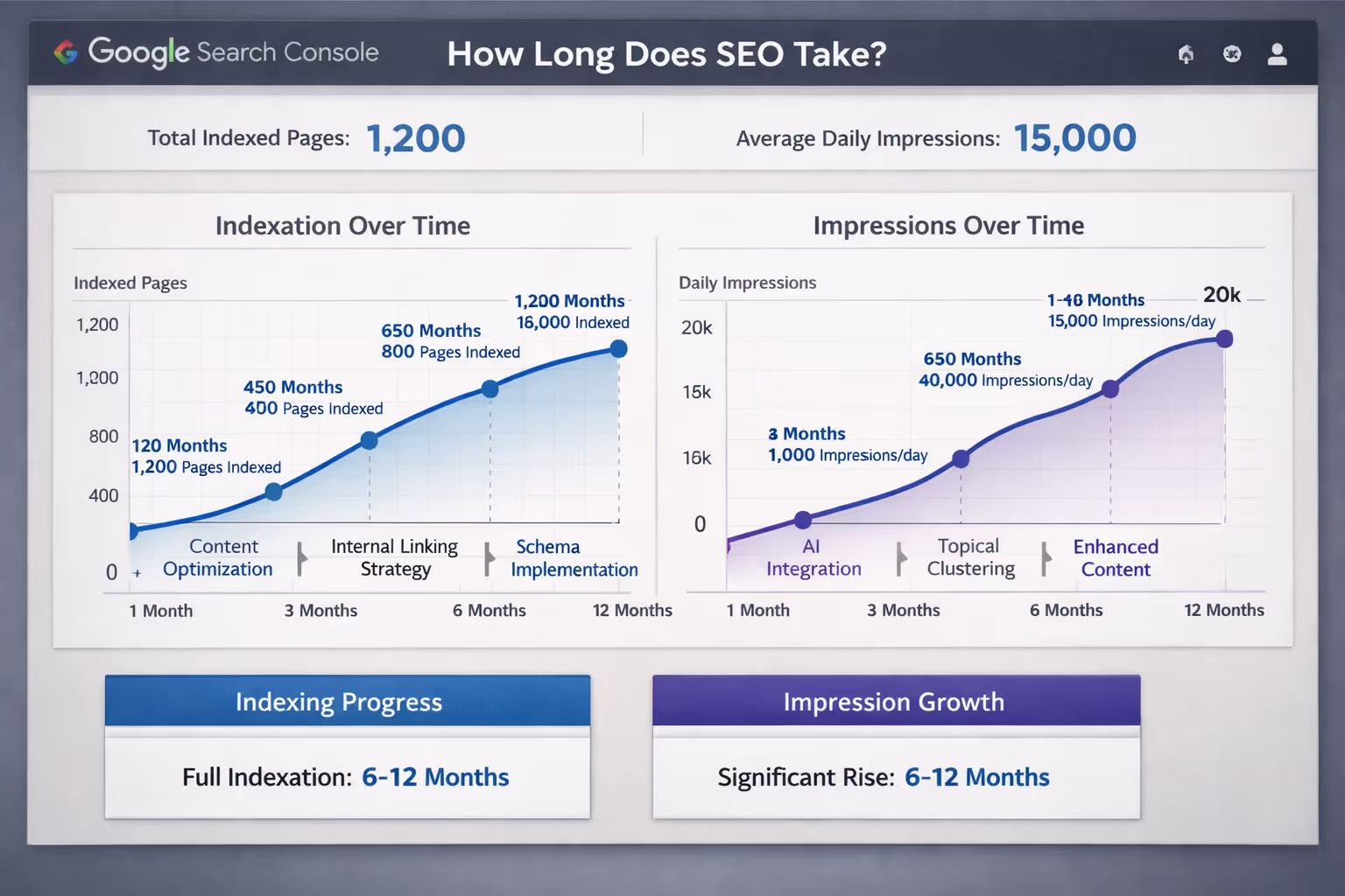 Google Search Console Indexation and Impression Metrics Dashboard Google Search Console dashboard showing how long SEO takes measured through indexation and impressions