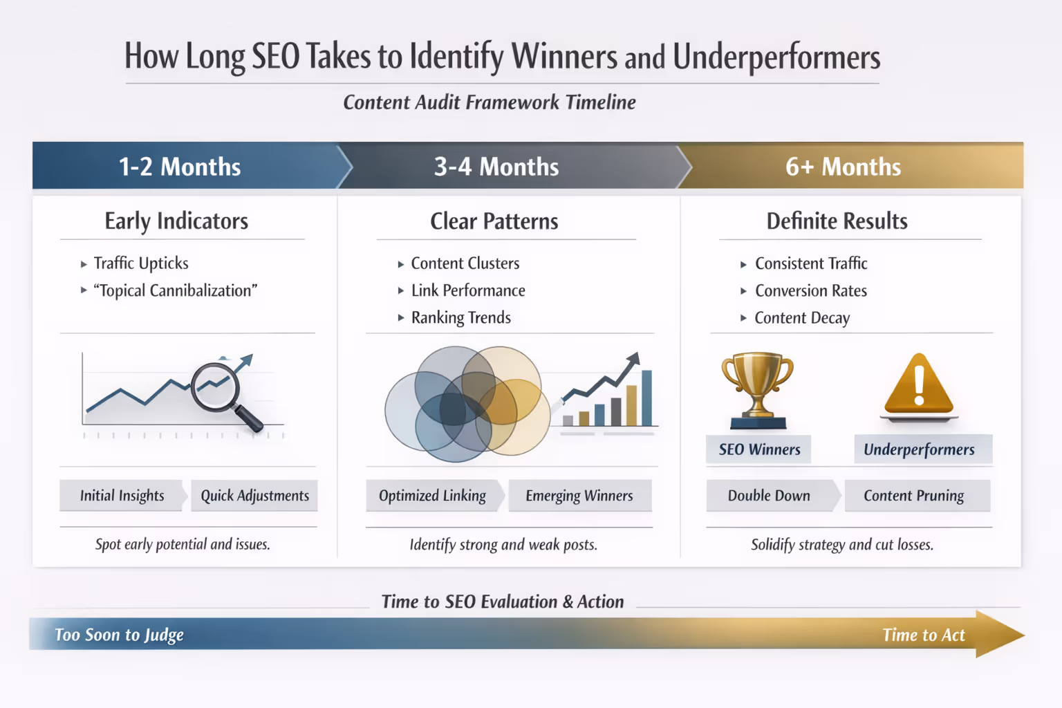 SEO Content Performance Audit Framework for 90-Day Review Content audit framework showing how long SEO takes to identify winners and underperformers