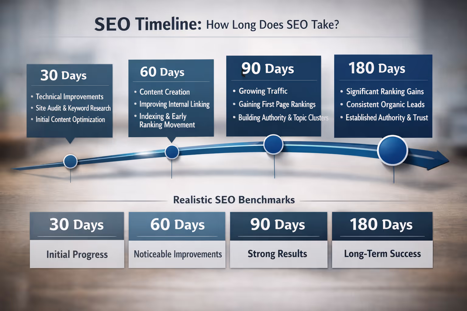 SEO Timeline Chart Showing Results at 30, 60, 90, and 180 Days SEO timeline chart showing how long SEO takes with realistic benchmarks at 30, 60, 90, and 180 days
