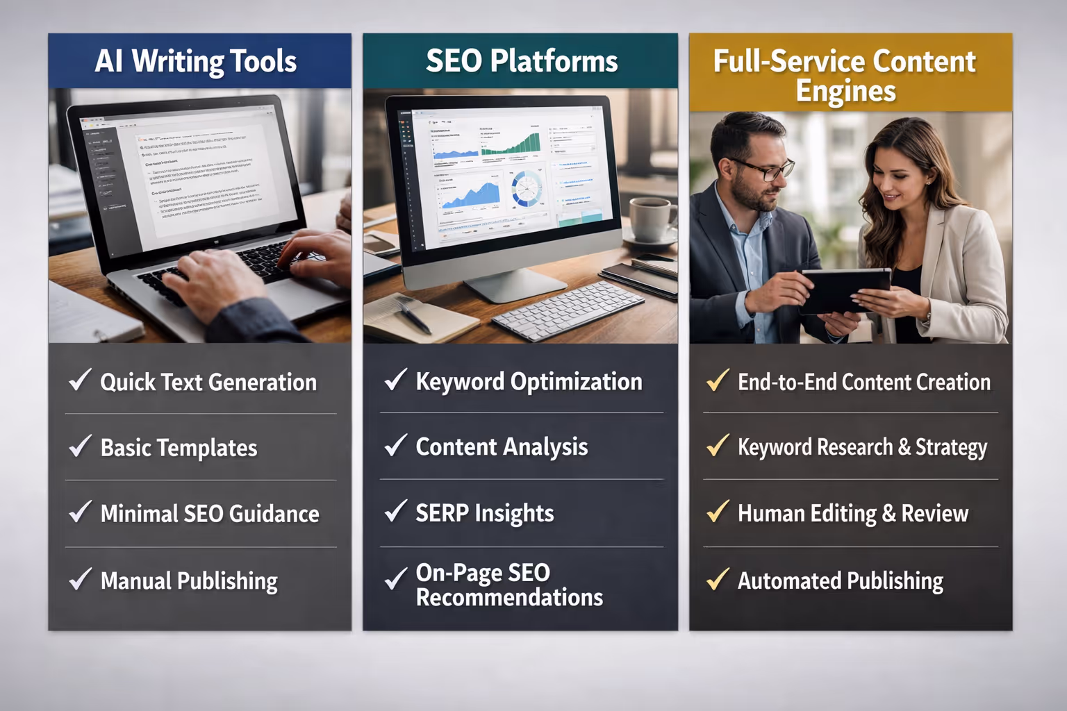 Three Categories of AI Content Platforms Compared Side-by-side comparison of AI content platforms categories: writing tools, SEO platforms, full-service