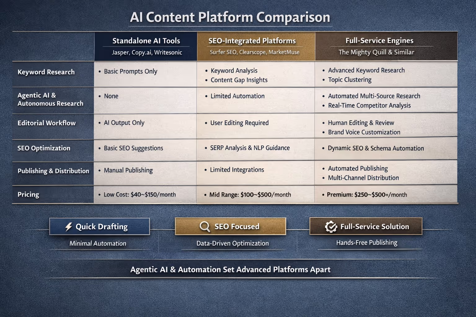 AI Content Platforms Feature Comparison Chart 2026 Detailed comparison chart showing AI content platforms features including agentic AI and pricing