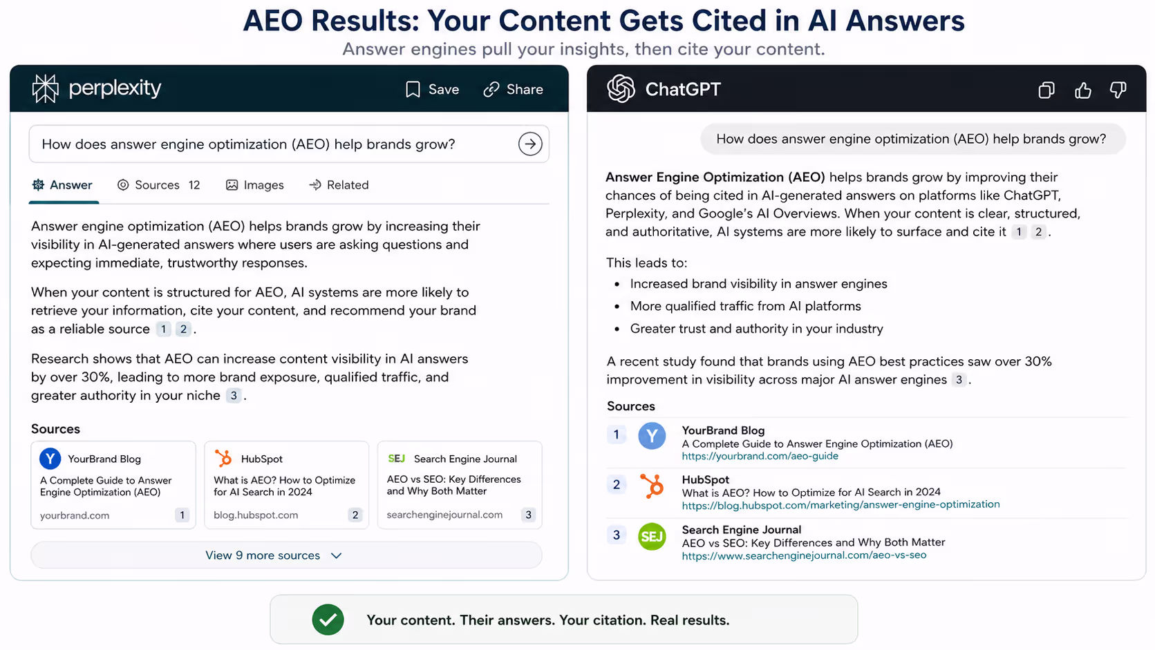 Perplexity and ChatGPT Answer Engine Optimization Citations Screenshot showing answer engine optimization results with citations in Perplexity and ChatGPT