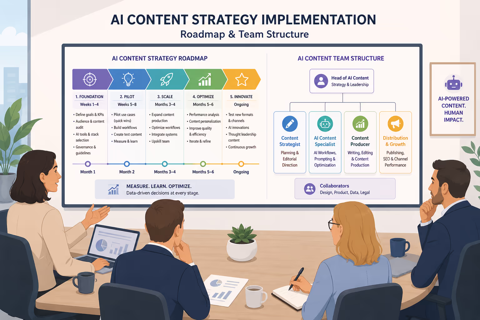 B2B Marketing Team Implementing AI Content Strategy Marketing executives reviewing AI content strategy implementation roadmap and team structure