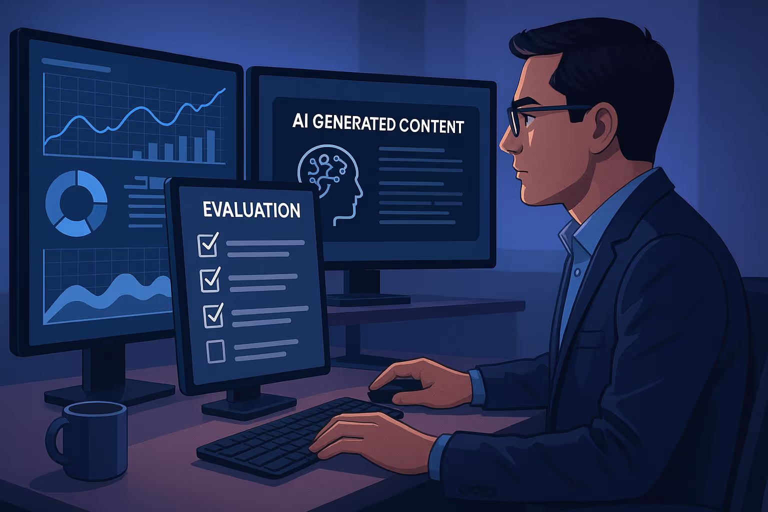 B2B Marketing Metrics Dashboard for AI Content Strategy B2B marketing leader analyzing AI content strategy metrics including traffic and pipeline contribution
