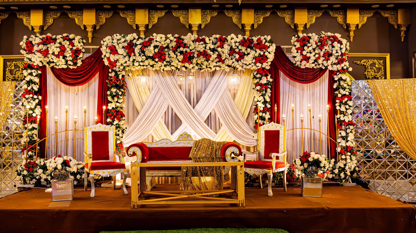 Elegant wedding reception decor with floral arrangements
