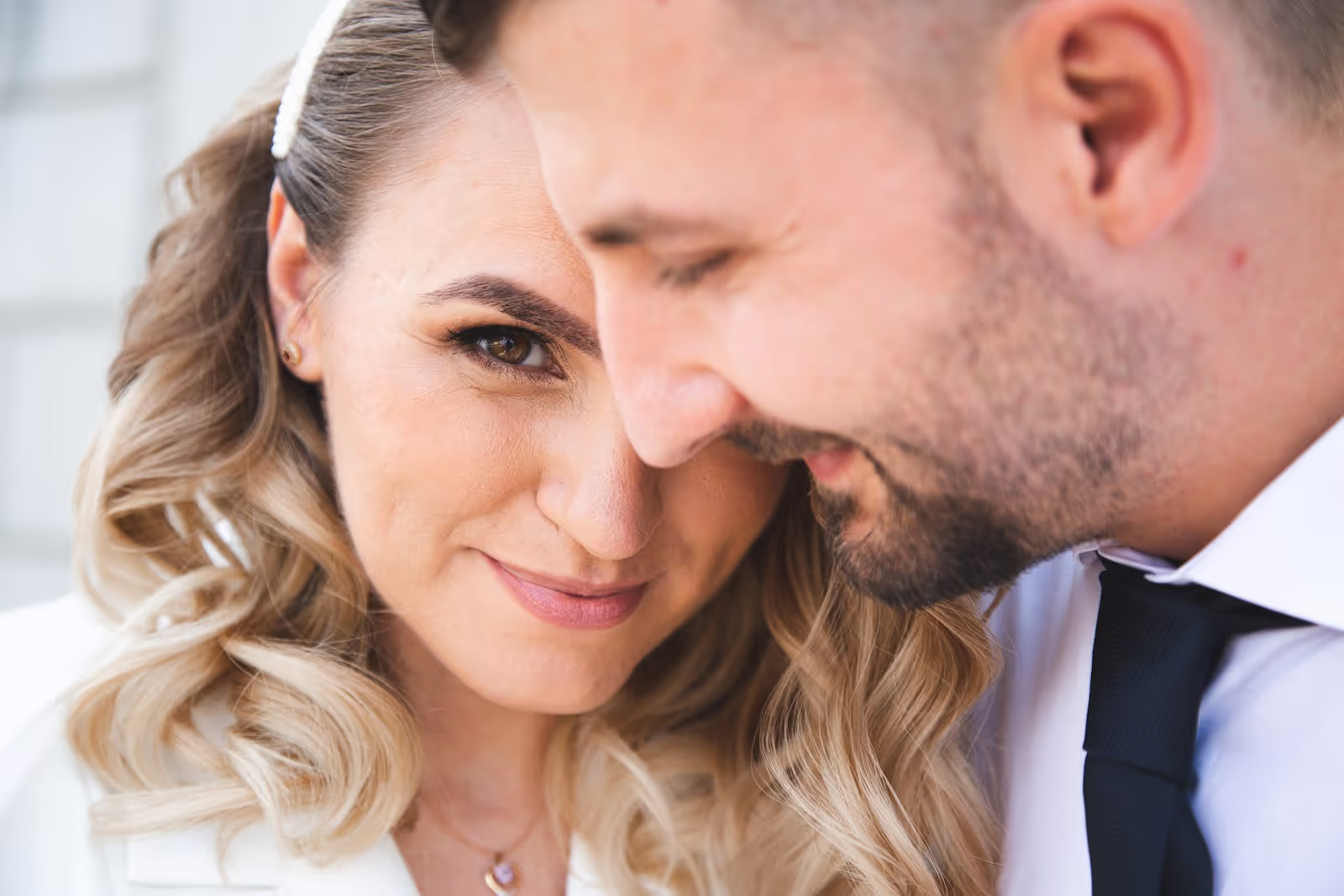 Elegant wedding couple smiling