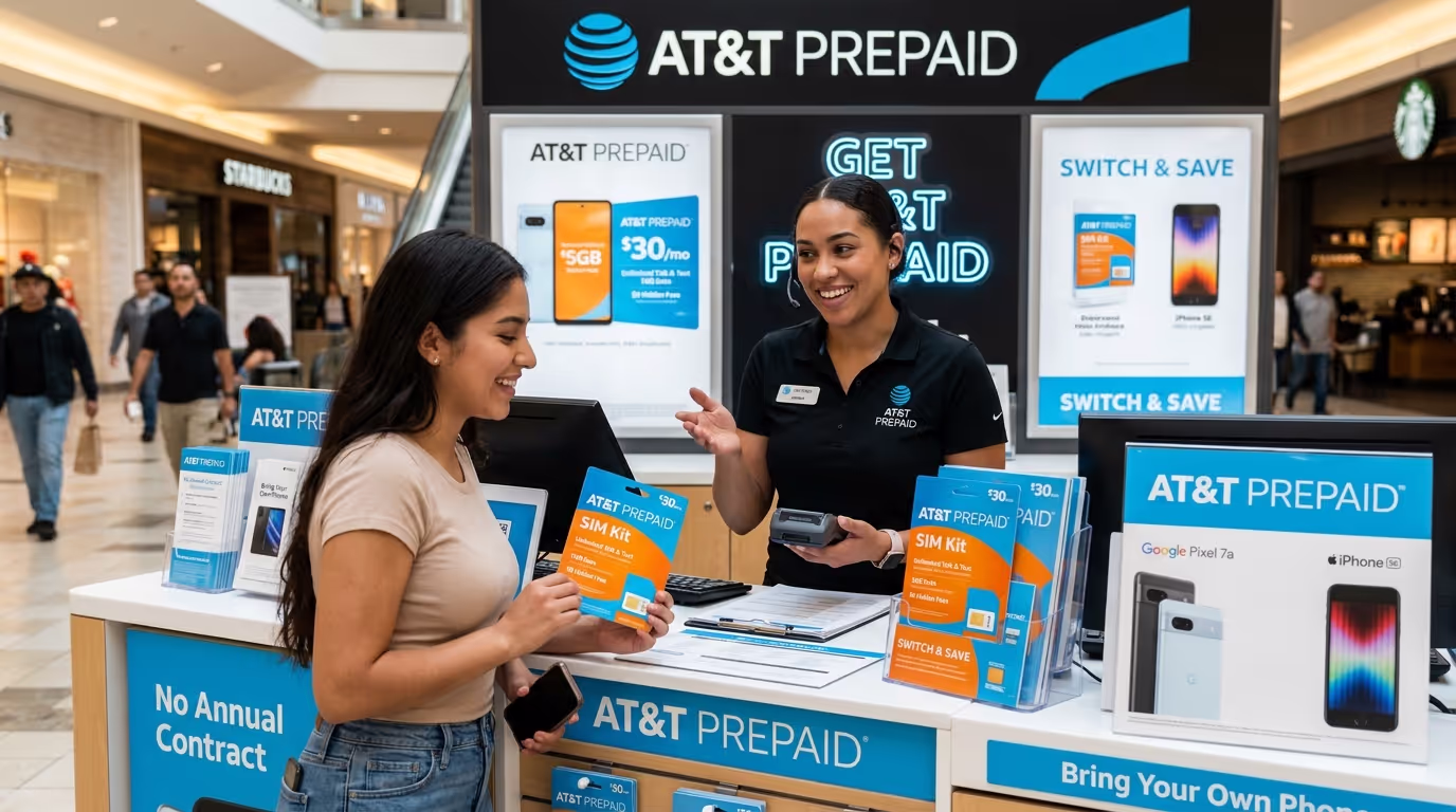 Happy person using a mobile phone, emphasizing great wireless coverage and savings on an AT&T prepaid plan.