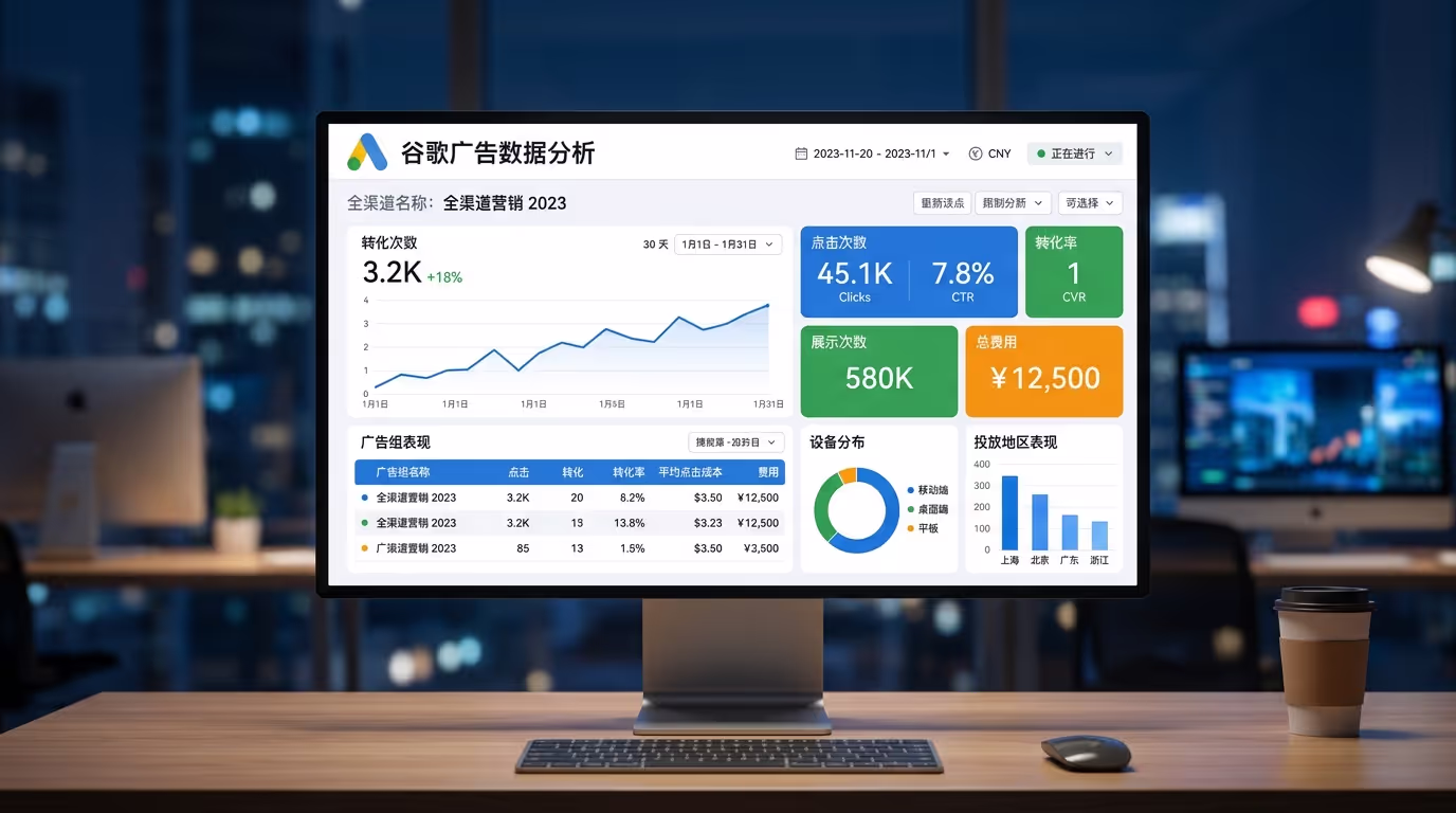 自信的华人市场营销专家在现代办公室工作，背景是城市景观和数据面板