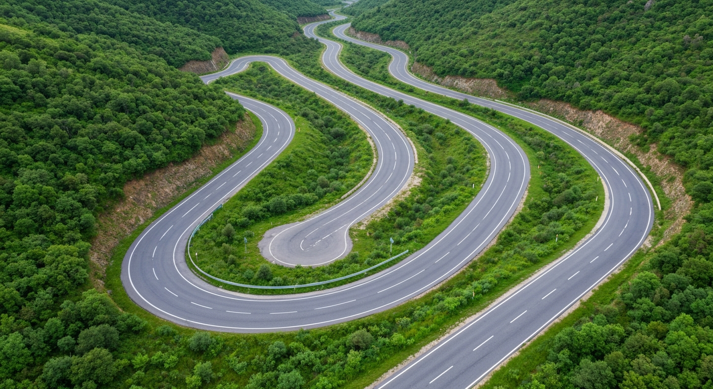 An aerial view of a winding road with multiple hairpin turns, snaking through lush green, tree-covered mountains.