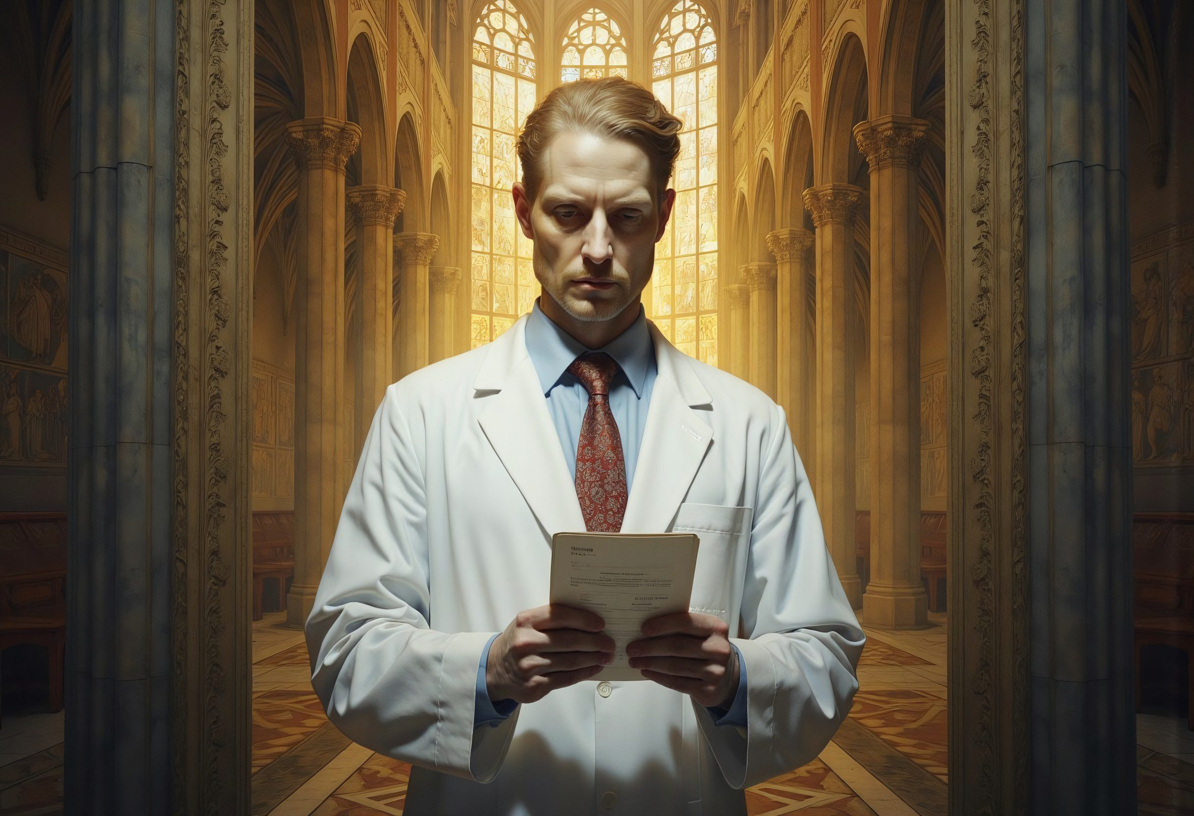 A stern-looking physician examines patient records in a church-like setting, representing the unquestioned authority of medicine amidst concerns of Big Pharma ethical violations