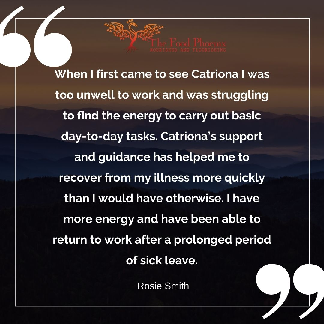 Square testimonial graphic with The Food Phoenix logo over a sunset mountain background and large quotation marks. Centered white text shares a client’s story: they were too unwell to work, struggled with basic tasks, then with a practitioner’s support recovered faster, gained more energy, and returned to work after prolonged sick leave. Attribution line appears at the bottom.