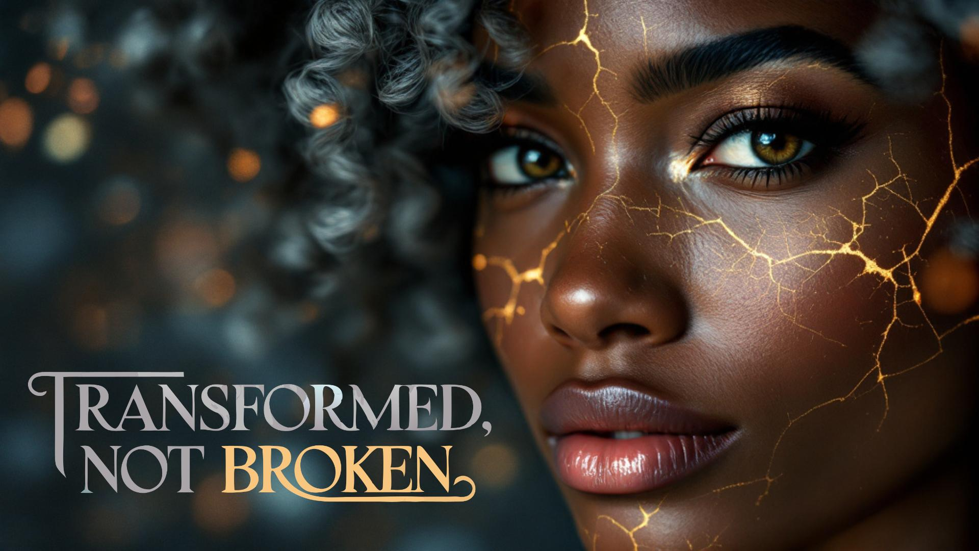 Close-up portrait of a Black woman with golden kintsugi-style cracks on her skin against a dark background, with text reading 'Transformed, Not Broken'