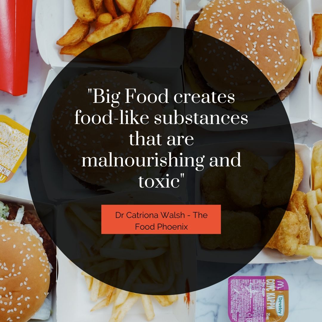 Flat lay of fast food—burgers with sesame buns, fries, chicken nuggets, and potato wedges—overlaid by a dark circle displaying the quote: 'Big Food creates food-like substances that are malnourishing and toxic,' attributed to Dr Catriona Walsh, The Food Phoenix.