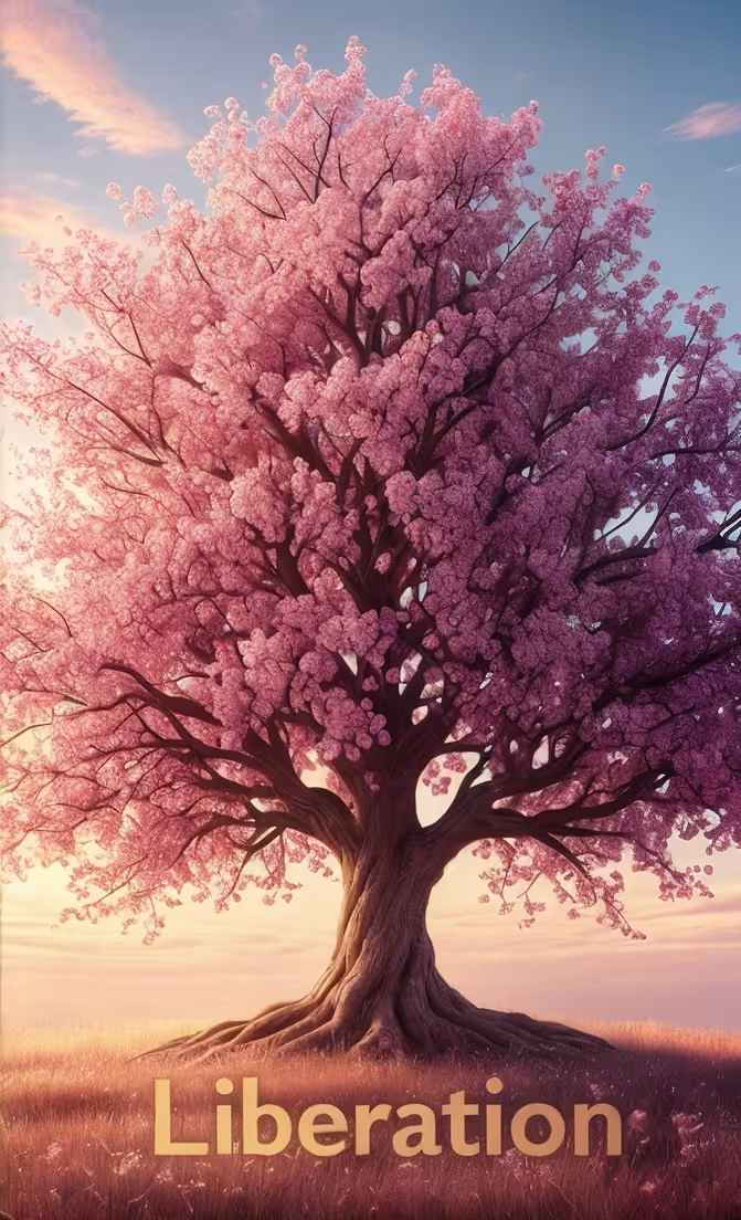 A tree in full bloom, surrounded by vibrant light and colour. Symbol of liberation and thriving.
