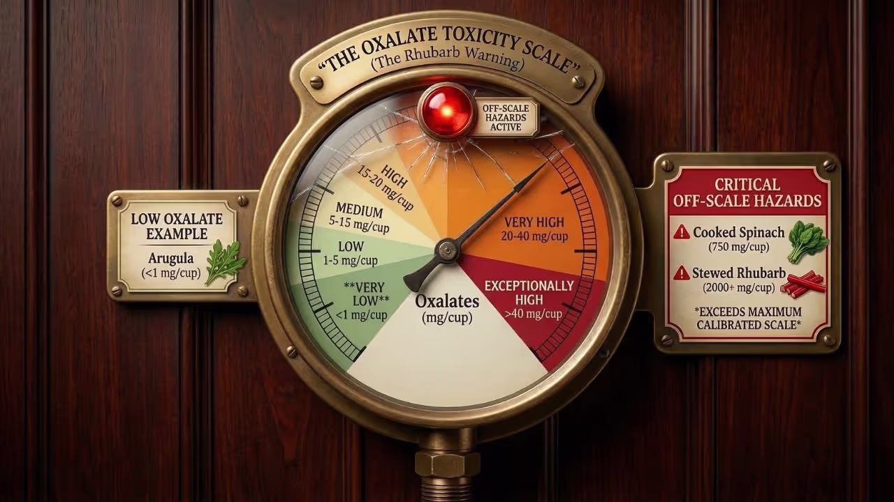 The Oxalate Toxicity Scale (Gauge/Dial Version) brass pressure gauge styled as 'Oxalate Toxicity Scale' with zones from very low (< 1mg per cup) to exceptionally high (> 40mg per cup), with cracked glass face and red warning light indicating off-sc