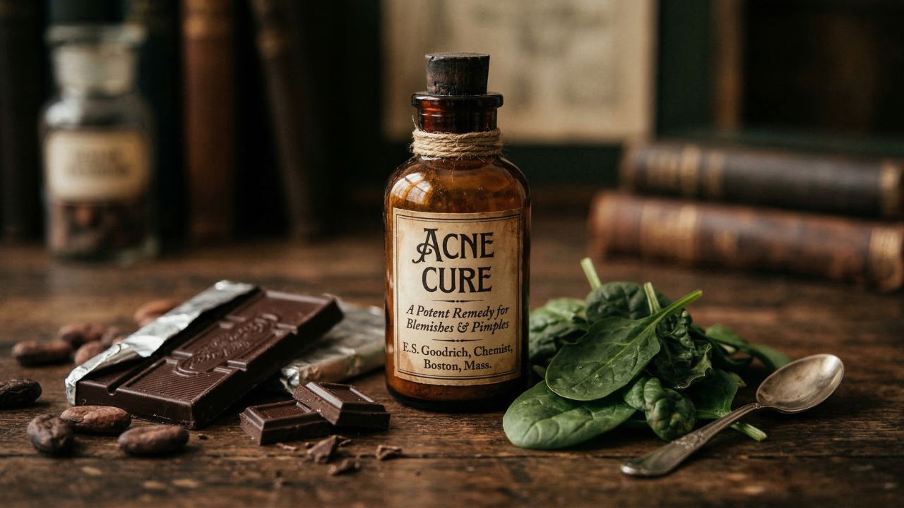 Acne Cure Apothecary Bottle Vintage apothecary bottle labelled 'Acne Cure — A Potent Remedy for Blemishes & Pimples' displayed beside dark chocolate pieces, cocoa beans, fresh spinach leaves, and an antique silver spoon on a dar