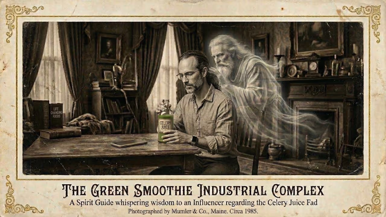 The Green Smoothie Industrial Complex (Spirit Photography) Vintage sepia spirit photographshowing ghostly translucent figure whispering to man holding bottle of celery juice, titled 'The Green Smoothie Industrial Complex — A Spirit Guide whispering wisdom to