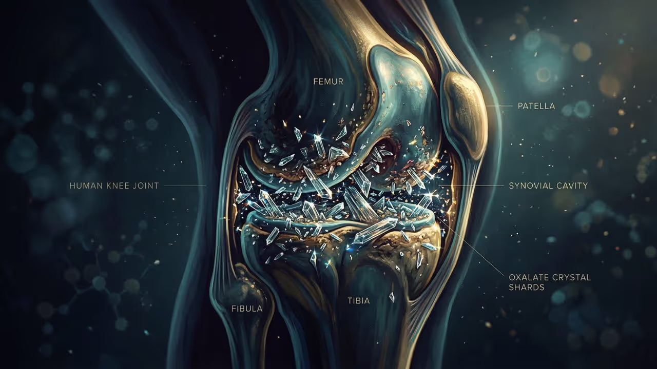Oxalate Crystals in Knee Joint Anatomical illustration of human knee joint showing sharp, translucent oxalate crystal shards filling the synovial cavity between the femur, tibia, fibula, and patella, rendered in dark teal and gold