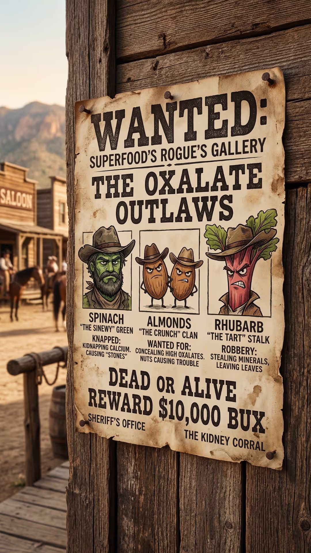 The Oxalate Outlaws Wanted Poster Wild West wanted poster titled 'Superfood's Rogue's Gallery: The Oxalate Outlaws' featuring cartoon mugshots of spinach, almonds, and rhubarb as cowboy outlaws, with crimes listed including kidnapping