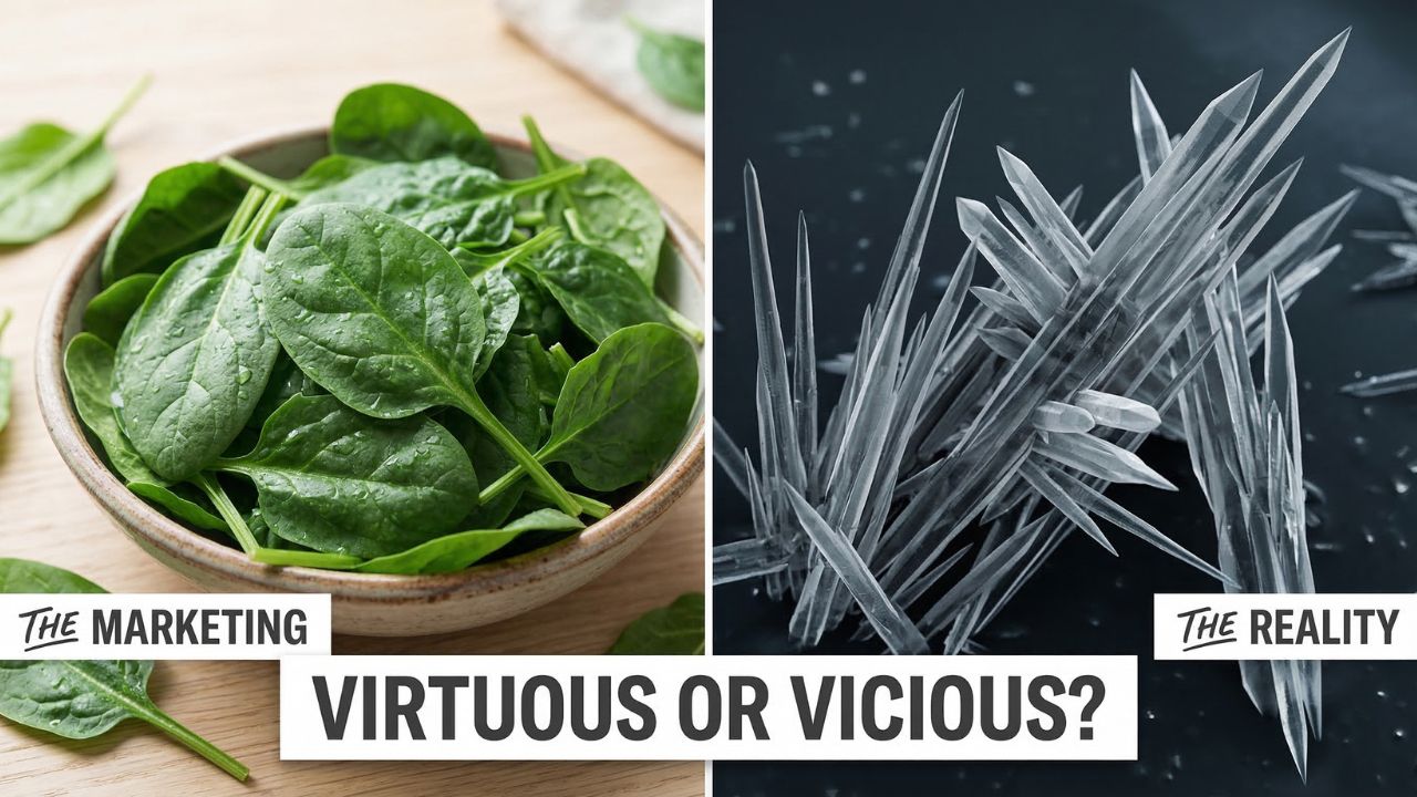 Spinach — Virtuous or Vicious? (Split Image) Split comparison image: the left side shows fresh spinach leaves in a wooden bowl labelled 'The Marketing' and the right side shows sharp, jagged microscopic crystal shards against a black background