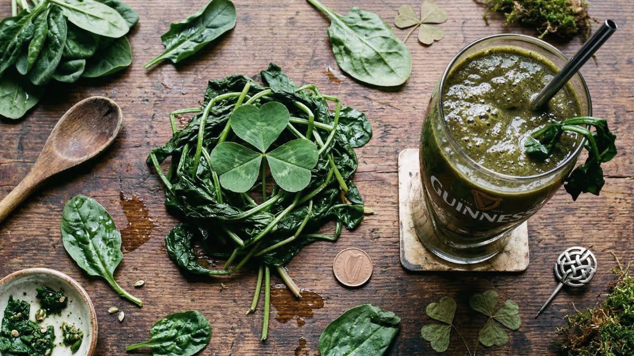 St Patrick's Day Spinach and Green Smoothie Flatlay Overhead flatlay of wilted cooked spinach topped with shamrock/four-leaf clover, beside green smoothie in Guinness-branded glass, surrounded by fresh spinach leaves, seeds, a wooden spoon, moss, and a