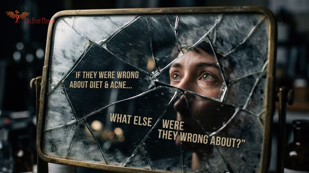A young woman's eyes visible through a shattered mirror with text reading 'If they were wrong about diet and acne... what else were they wrong about?'