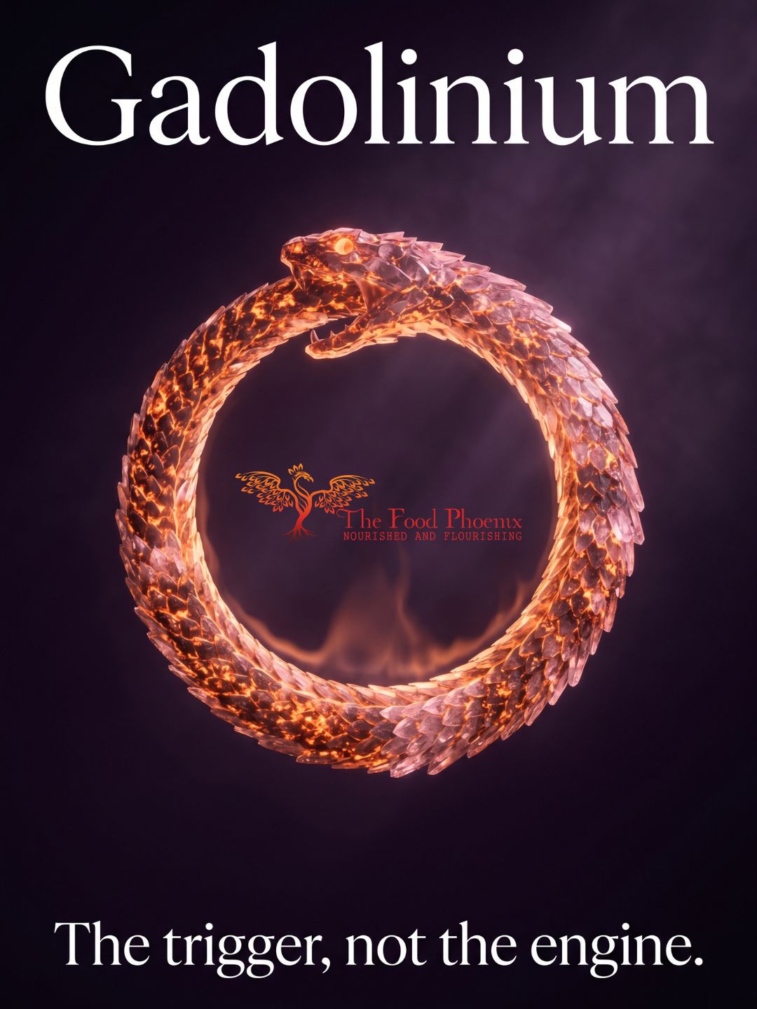 A glowing ember-and-crystal ouroboros, a serpent eating its own tail, on a deep purple background. Overlay: Gadolinium, the trigger, not the engine.