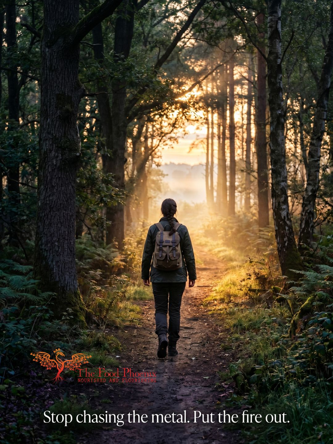 A woman walks a woodland path toward warm dawn light breaking through the trees. Overlay: Stop chasing the metal. Put the fire out.