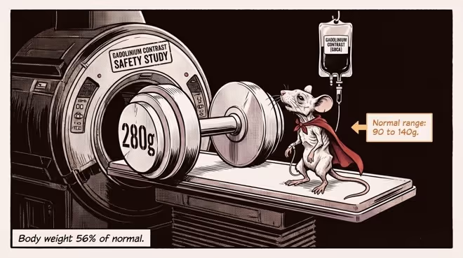 An illustrated superhero-style mouse in a comic-book MRI scanner, representing the exaggerated grip-strength results in gadolinium safety studies.