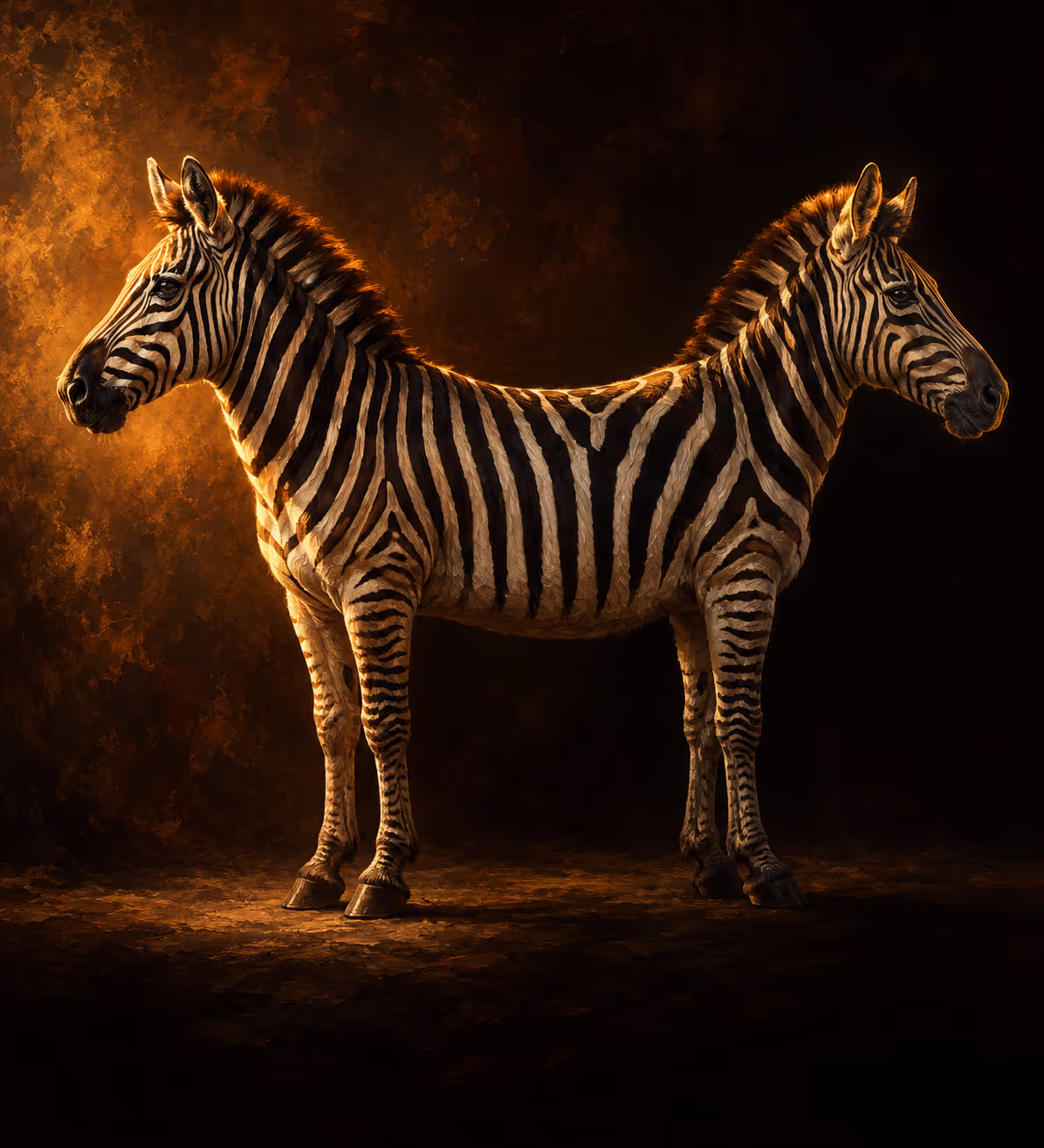 A painterly oil-portrait of a single zebra with a head at each end, facing opposite directions, in warm golden light against a dark background.