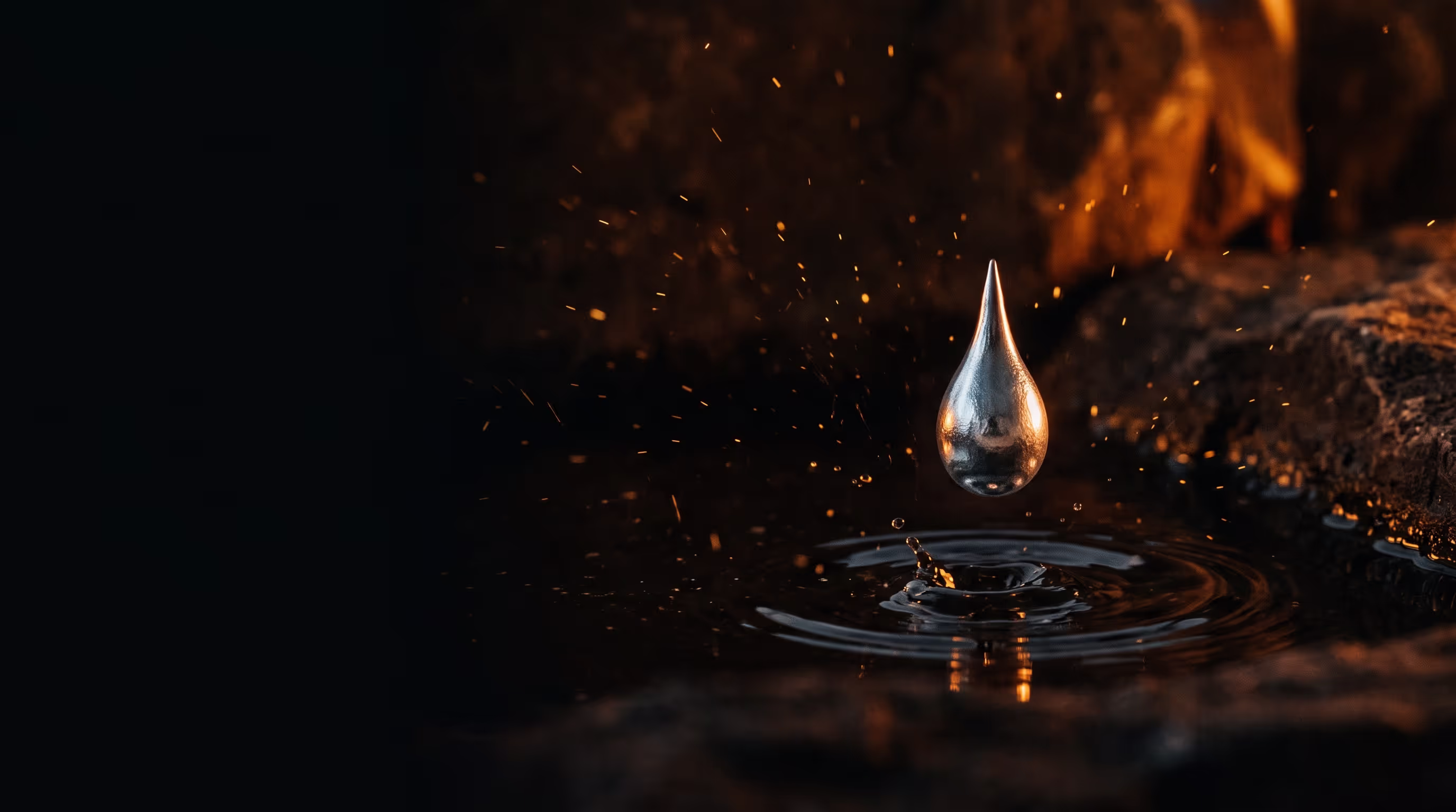 Gadolinium symptoms after an MRI with normal kidney function: a droplet of silver contrast dye falling into dark water, lit by warm firelight with orange sparks behind it.