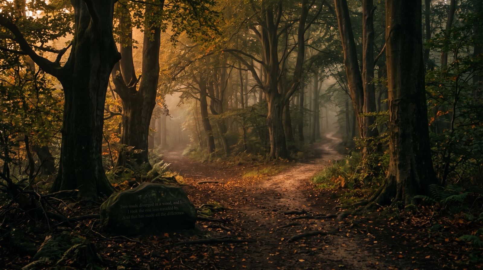 A quiet path forking through woodland at dusk