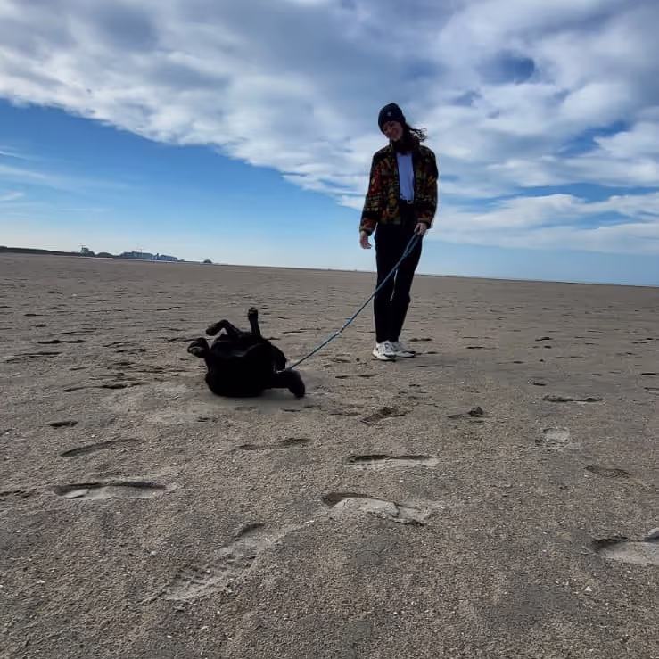 Walking a dog on the beach during our house sit in Belgium