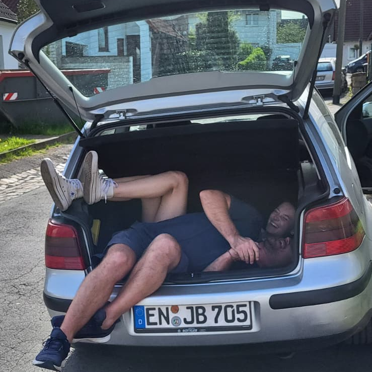 Konrad and Caro in their car in Germany Konrad and Caro in their car in Germany