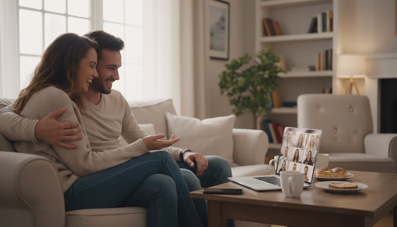 A couple on a video call with home owners A couple on a video call with home owners